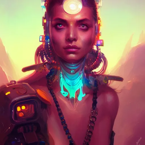 Prompt: a portrait of a beautiful cybernetic gypsie, cyberpunk concept art by pete mohrbacher and wlop and artgerm and josan gonzales, digital art, highly detailed, intricate, sci-fi, sharp focus, Trending on Artstation HQ, deviantart, unreal engine 5, 4K UHD image