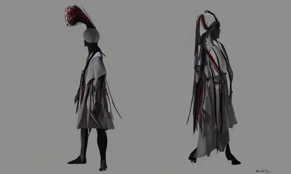 Image similar to modern shaman, modern minimal outfit by isei miyake, roger deakins, syd mead, triadic color scheme, arik roper, concept art