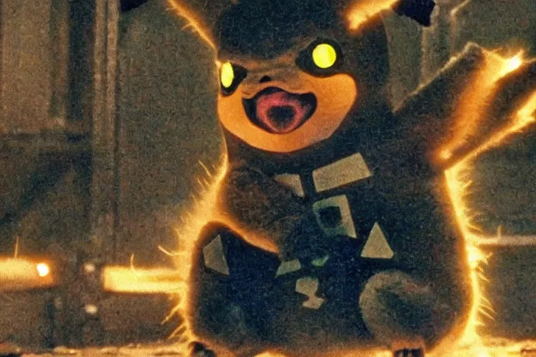 Image similar to Terminator Pikachu scene where his endoskeleton gets exposed and his eye glow read still from the film