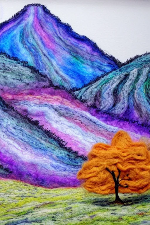 Image similar to fantastic mountain landscape, pastel colors, huge trees, dry felting, watercolors
