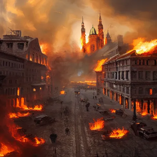 Prompt: City ablaze after cryptic aliens burned the old city center, people panicking and tanks rolling on the streets, cinematic lighting, high quality 8k hd, oil on canvas, hyperralistic art