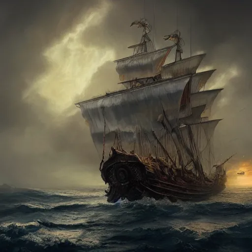 Image similar to A pirate ship in the middle of the sea during a storm, fantasy art, in the style of greg rutkowski, illustration, epic, fantasy, intricate, hyper detailed, artstation, concept art, smooth, sharp focus, ray tracing