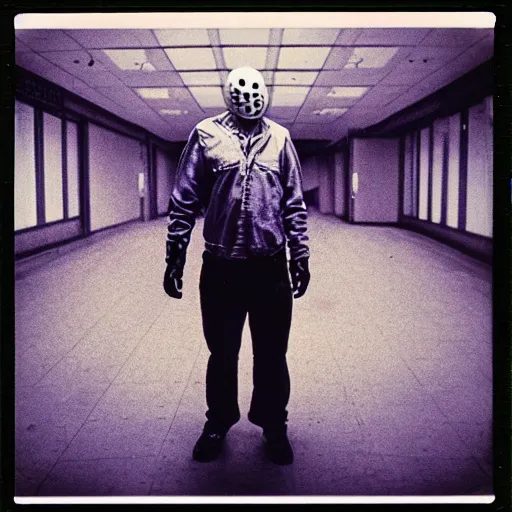 Prompt: jason voorhees lost in an empty mall after hours, eighties polaroid, flash photography, neon