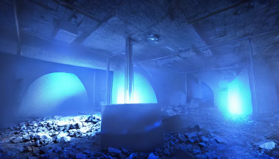 Image similar to Blue Glowing Gemstones in an abandoned old mine, Volumetric Lighting, Anamorpic Lens, Cinematic Lighting, Hyperrealistic Rendering, Hyperdetailed, Intricate Details, Dynamic Lights, Raytracing