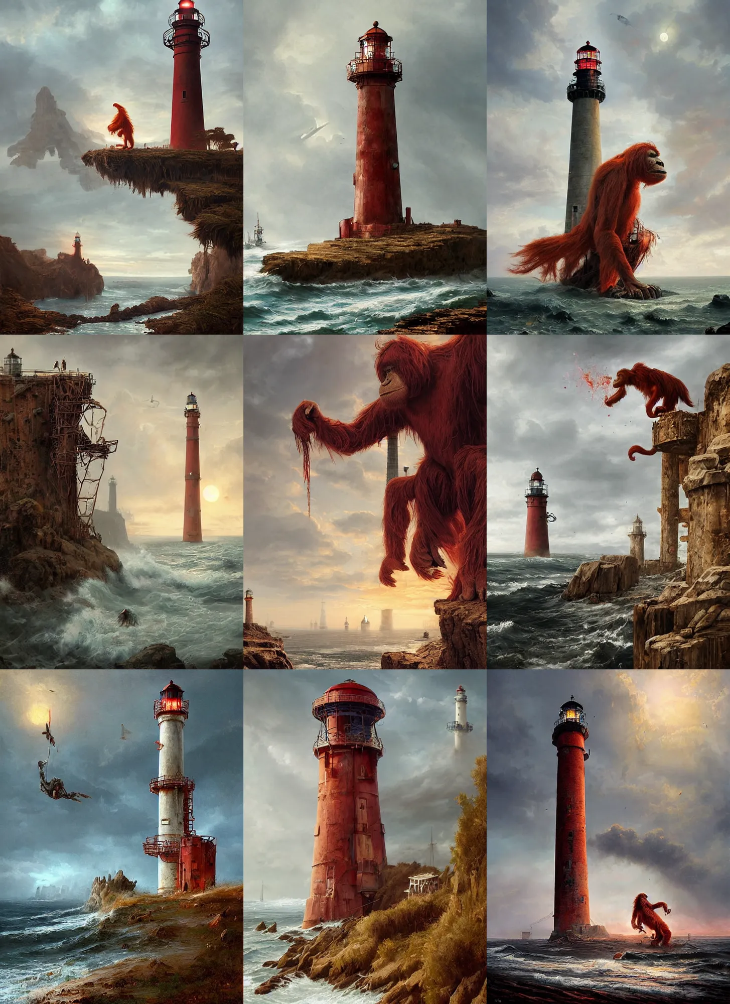 Prompt: a medieval wasteland, epic atmosphere, giant red orangutan climbing on the top of rusty lighthouse, by greg rutkowski, nature by asher brown durand