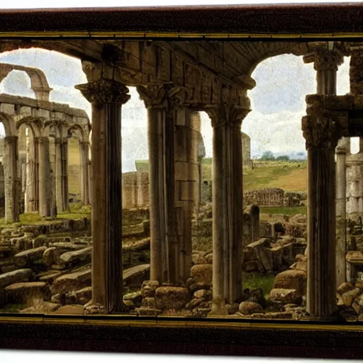Image similar to roman ruins in the english countryside, dark ages, 8 th century, by james gurney