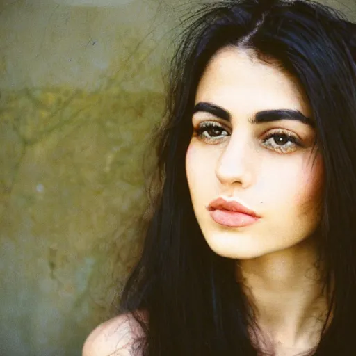 Image similar to 35mm film photo of an attractive cool alternative armenian woman in her early 20s. beautiful face. She has dark brown hair, dark thick eyebrows, brown eyes and shoulder long hair.