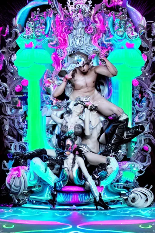 Image similar to full-body rococo and cyberpunk style neon statue of a muscular attractive Manuel Turizo macho dotado e rico android sim roupa reclining con las piernas abertas e la piroca dura, ethereal white dripping tar, glowing orange lasers, pink tigers, glowing eyes, silver prince crown, black gears, pink diamonds, swirling mint-colored silk fabric. futuristic elements. full-length view. human skulls. large intricate artwork by caravaggio. Trending on artstation, octane render, cinematic lighting from the right, hyper realism, octane render, 8k, depth of field, 3D