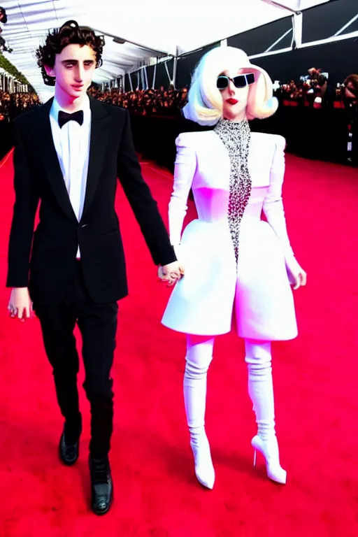 Image similar to timothee chalamet and lady gaga holding hands on the red carpet, beautiful detailed faces, canon eos