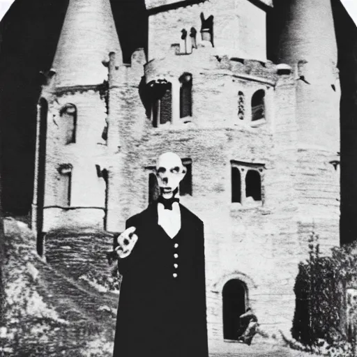 Image similar to vintage photograph of count orlok outside his castle, playing the blues on guitar, castle in the background, 4 k