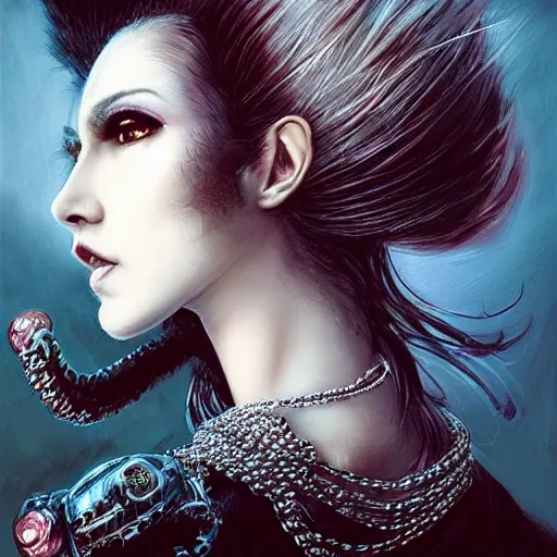 Image similar to portrait, headshot, insanely nice hair style, dramatic hair color, digital painting, of a old 17th century, old cyborg lawyer, Ruby's and Diamonds, black pearls, baroque, ornate clothing, scifi, realistic, hyperdetailed, chiaroscuro, concept art, art by Franz Hals and Jon Foster and Ayami Kojima and Amano and Karol Bak,