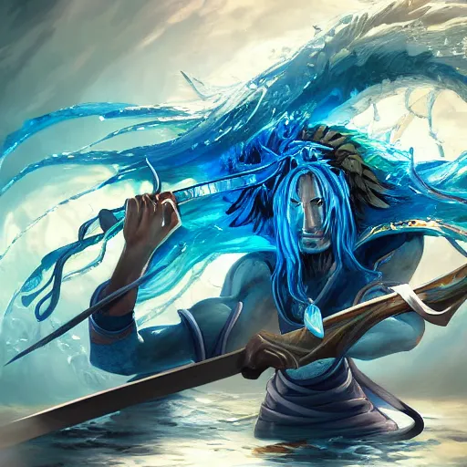 Image similar to fantasy art of tanjiro kamado, a water swordsman from demon slayer that controls the power of water sword along with water breathing. digital art, fantasy art, high quality, trending on artstation, league of legends splash art, very detailed