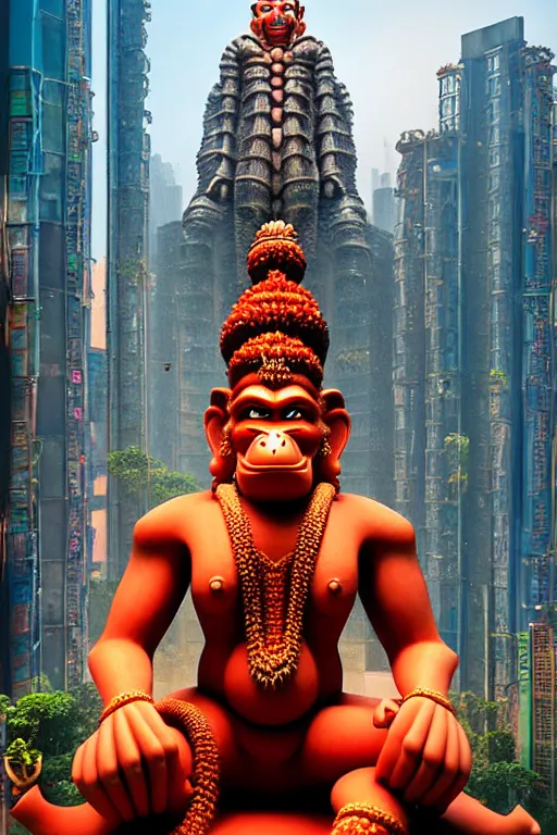 Image similar to high quality 3 d cyberpunk biomorphic hanuman! head building in the middle of mumbai!!, kalighat highly detailed, cinematic smooth, stephen shore & john j. park, soft morning light, wide shot, high angle, uhd 8 k, sharp focus