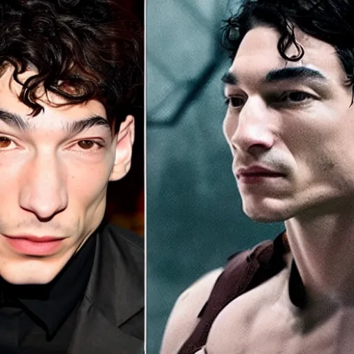 Prompt: A headshot of Ezra Miller side-by-side with a nuclear warhead