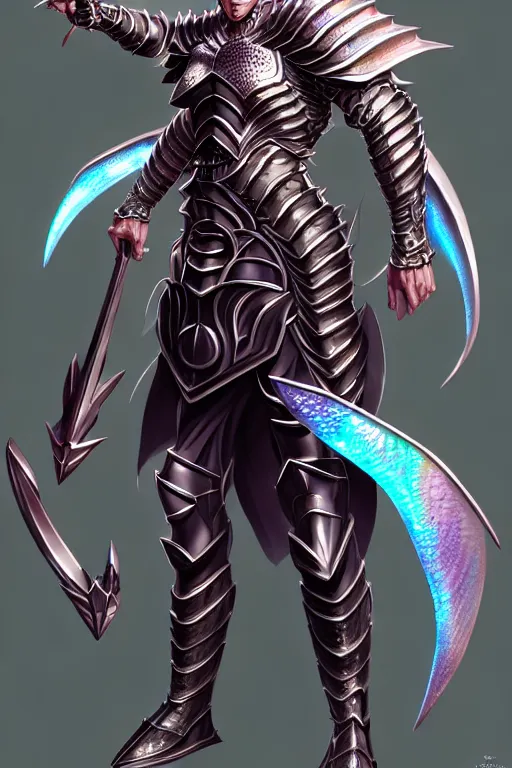 Image similar to Full body character concept art of an anime draconian warrior knight, iridescent scales, cool face, muscular, by Stanley Artgerm Lau, WLOP, Rossdraws, James Jean, Andrei Riabovitchev, Marc Simonetti, and Sakimichan, tranding on artstation