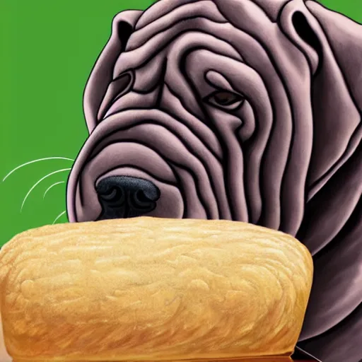 Image similar to photorealistic shar pei staring at a loaf of bread