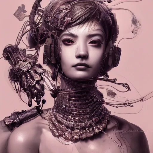 Image similar to the portrait of an absurdly beautiful, graceful, elegant, sophisticated, fashionable cyberpunk gravure idol, an ultrafine hyperdetailed illustration by kim jung gi, irakli nadar, vania zouravliov, intricate linework, bright colors, porcelain skin, unreal engine 5 highly rendered, global illumination, radiant light, detailed and intricate environment