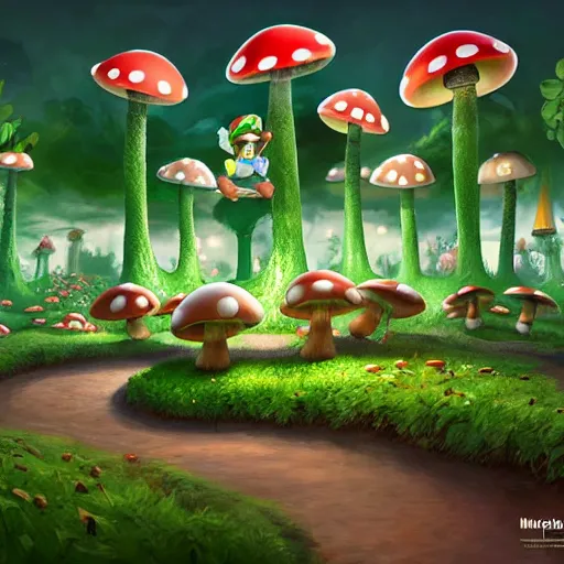 Image similar to mushroom kingdom from mario, digital art, giant green and white spotted mushrooms, at night, exotic flowers and plants, sprites, irina french, heraldo ortega, mandy jurgens trending on artstation 8 k 1 5 0 mpx