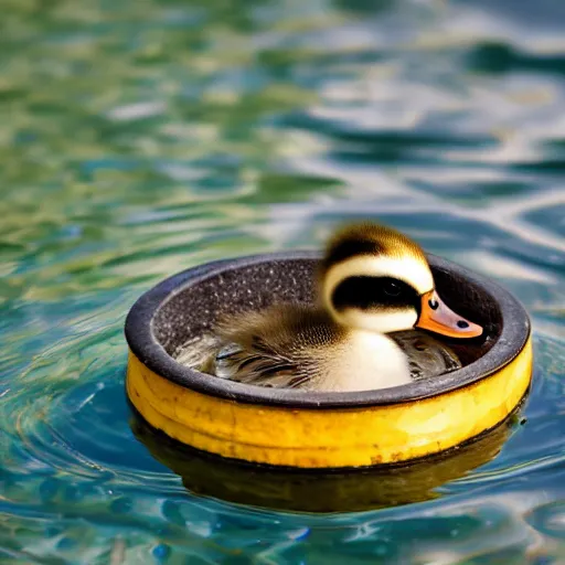 Prompt: cute duckling swimming in a small bowl of clear water, photography, minimalistic, 8 k