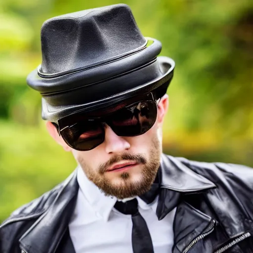 Image similar to a male model wearing a black leather hat, frontal view, cool looking