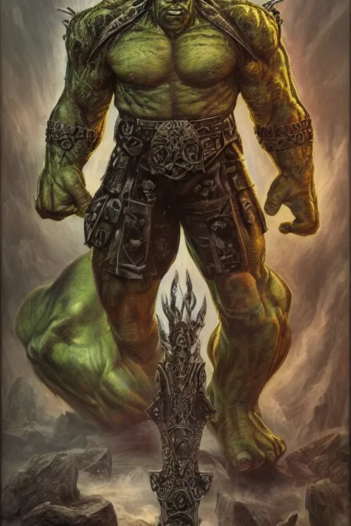 Prompt: full body concept art of Hulk wearing baphomet armor made with porcelain by Jeff Easley and Peter Elson + beautiful eyes, beautiful face + symmetry face + galaxy + gothic, surreal, dread + highly detailed, intricate complexity, epic composition, magical atmosphere + masterpiece, award winning + trending on artstation