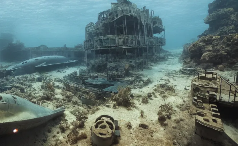 Prompt: an abandoned city underwater next to a luxurious submarine