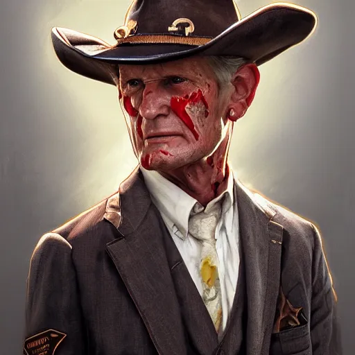 Prompt: portrait painting of woodrow harrelson, with a cowboy hat and bloody golf club, ultra realistic, concept art, intricate details, eerie, highly detailed, photorealistic, octane render, 8 k, unreal engine. art by artgerm and greg rutkowski and alphonse mucha