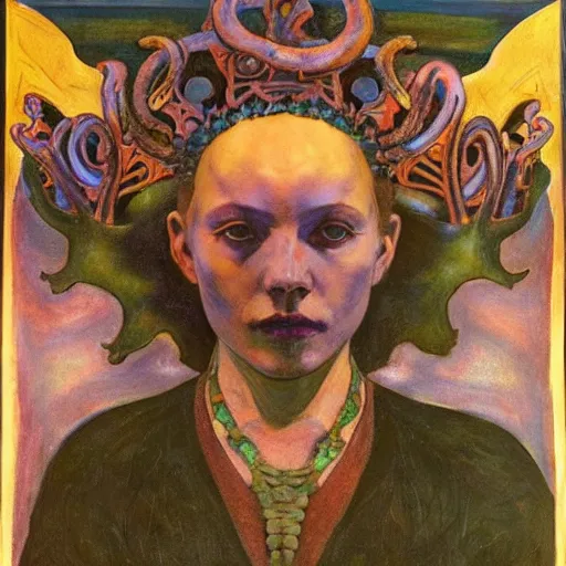 Prompt: the tentacle crown, by Annie Swynnerton!! and Nicholas Roerich! and (((Diego Rivera))), bioluminescent skin, tattoos, elaborate costume, geometric ornament, symbolist, rich colors, dramatic lighting, smooth, sharp focus, extremely detailed