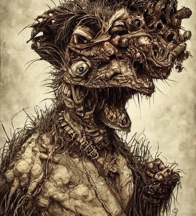 Prompt: hyper realistic portrait of postapocalyptic muppet show monster goblin, cinematic, symmetric, jean baptiste monge, scott radke