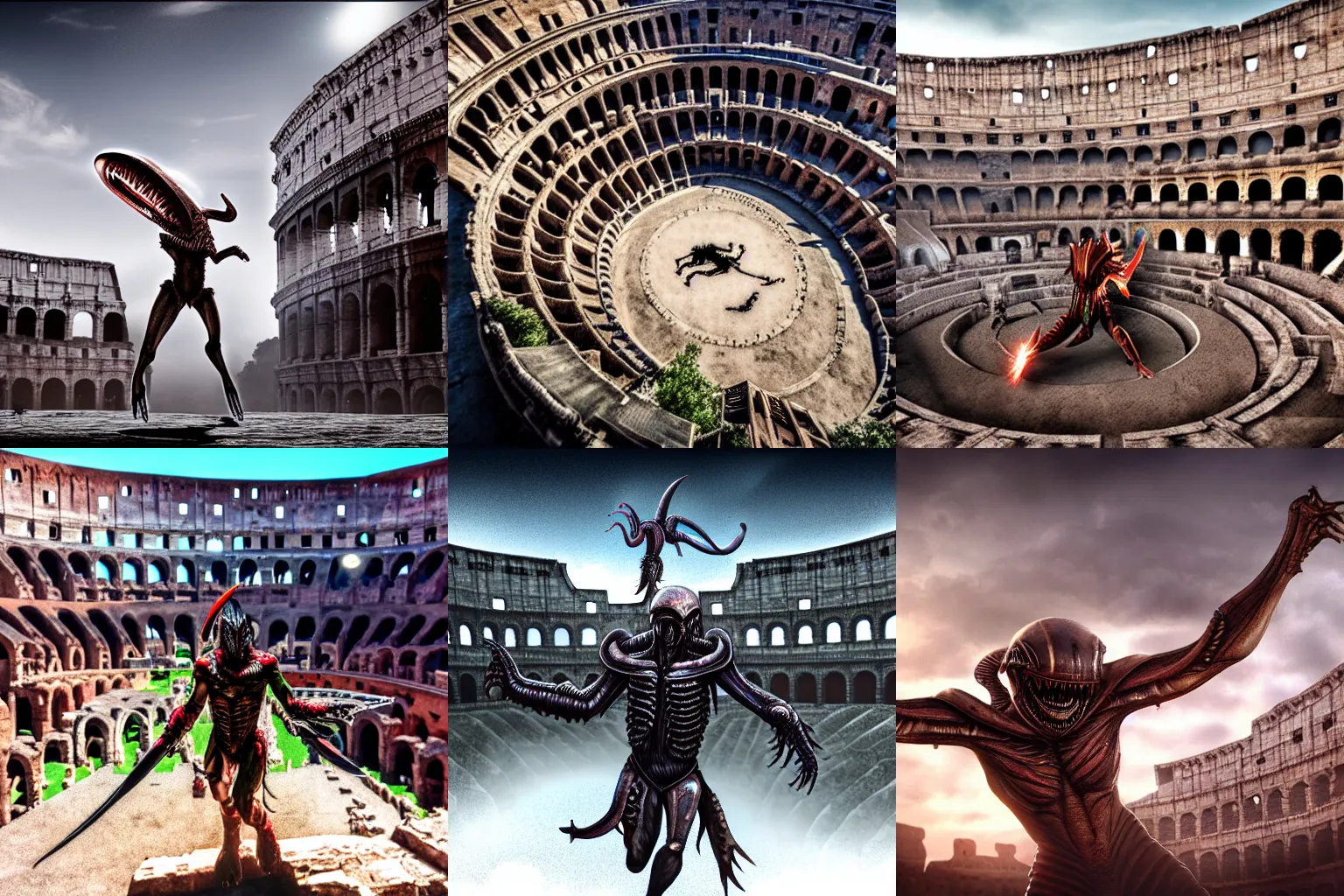 Prompt: concept art of a gladiator flighting (alien) monster in the colosseum, UE5, sunny, suspenseful! 4k