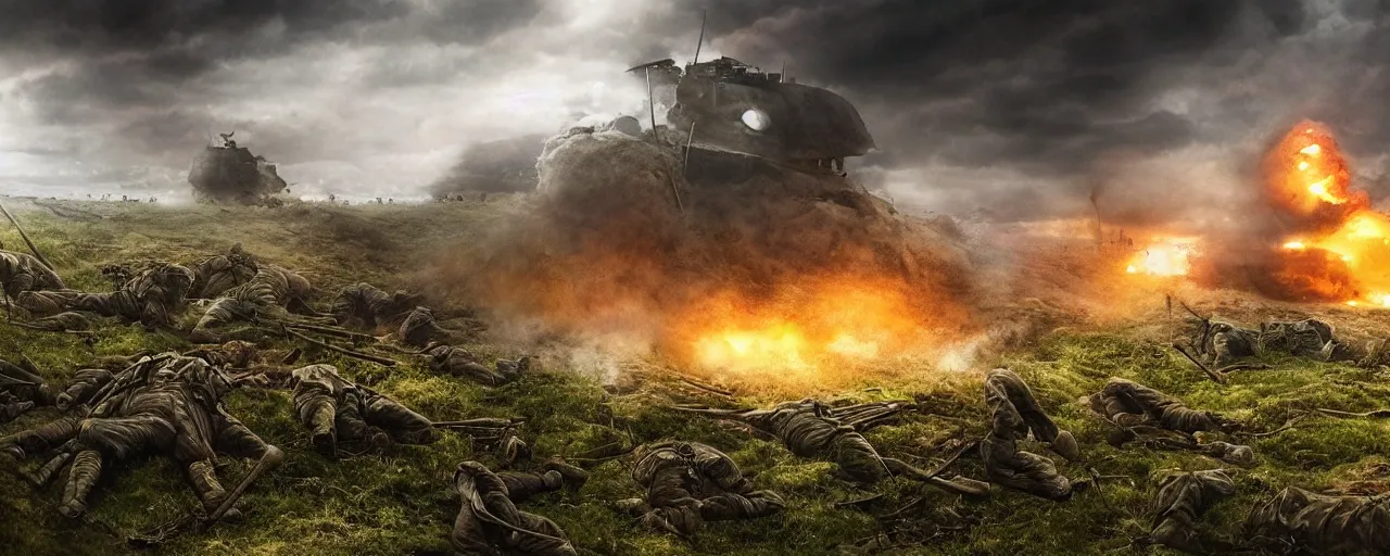 Image similar to natural looking fight landscape of ww 1 trenches, with green gas spreading across land, soldiers are attacking fighting with resistance aliens, futuristic tank is on fire, ground explosion in the background, alien mothership in the sky, hyper realistic, highly detailed, dramatic lighting, raytarced, god rays, 4 k, 8 k, matte painting