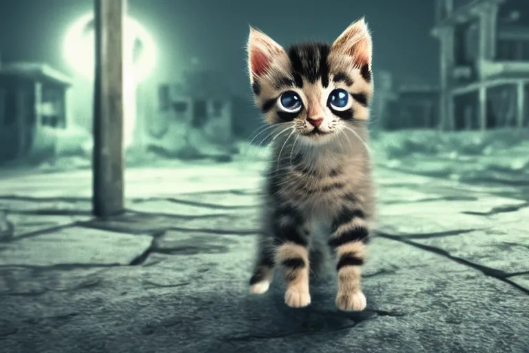 Image similar to a cute kitten on an adventure through an abandoned town in the night, 3d scene, render, ultra realistic