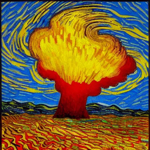 Prompt: oil painting of a nuclear explosion in the style of vincent van gogh