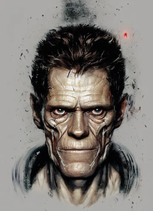 Image similar to portrait of willem dafoe as victor stone, cyborg, borg, strogg, face of a man, terminator, flesh, quake strogg, doom demon, wolfenstein, monstrous, symmetry, symmetrical, concept art by ruan jia and greg rutkowski