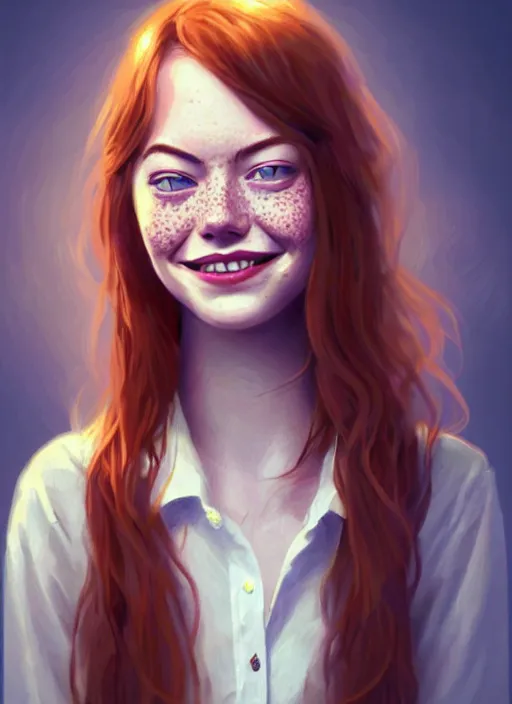 Image similar to portrait of teenage emma stone, freckles, long flowing ginger hair, white shirt and red tie, smiling kindly, friendly, 1 9 8 0 s, intricate, elegant, glowing lights, highly detailed, digital painting, artstation, concept art, smooth, sharp focus, illustration, art by wlop, mars ravelo and greg rutkowski