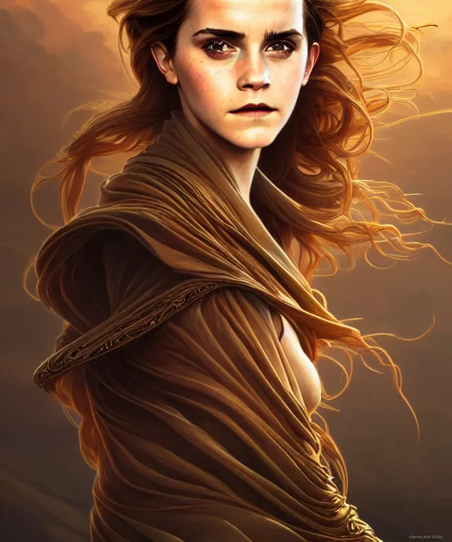 Prompt: Emma Watson as a dune princess, sci-fi, amber eyes, face, long hair, fantasy, intricate, elegant, highly detailed, digital painting, artstation, concept art, smooth, sharp focus, illustration, art by artgerm and greg rutkowski and alphonse mucha