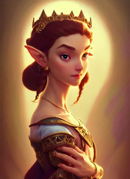 Image similar to portrait of disney zelda, intricate, elegant, highly detailed, my rendition, digital painting, artstation, concept art, smooth, sharp focus, illustration, art by artgerm and greg rutkowski and alphonse mucha and uang guangjian and gil elvgren and sachin teng, symmetry!!