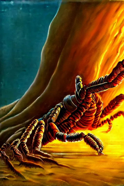 Image similar to hyperrealistic close - up sand worm scorpion monster highly detailed concept art eric zener elson peter cinematic hard yellow lighting high angle hd 8 k sharp shallow depth of field, inspired by david paul cronenberg and zdzisław beksinski