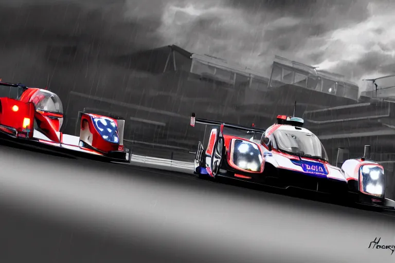 Image similar to Honda Civic LMP2 car racing on dimly lit track overcast skies raining headlights illuminating the track cinematic digital painting vray