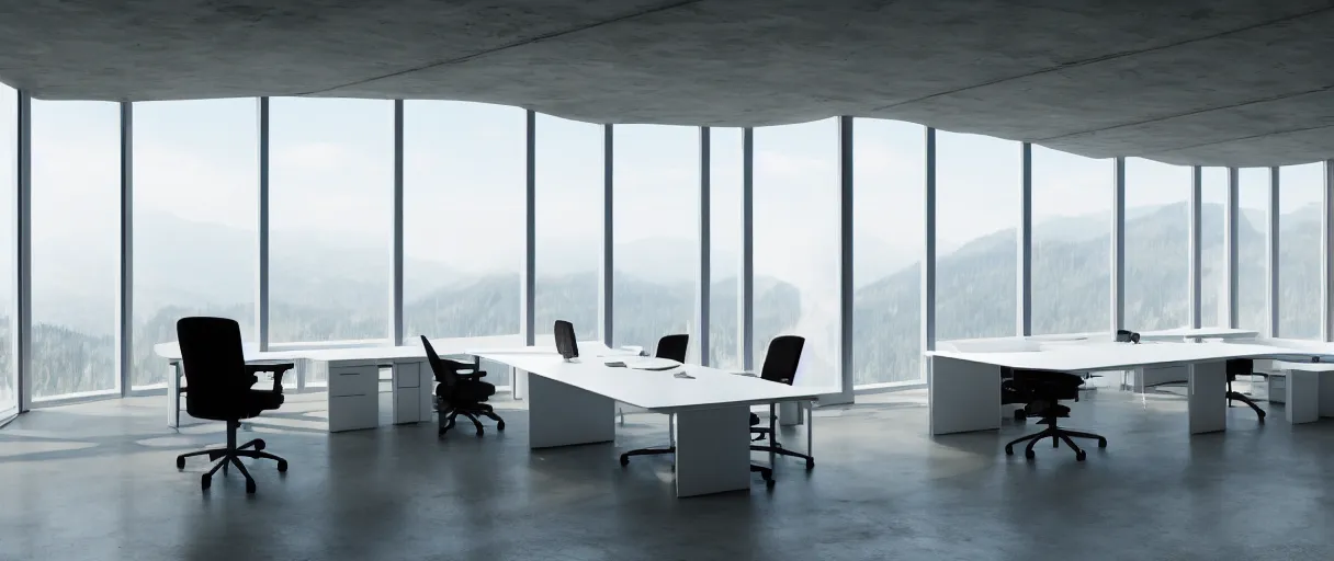 Image similar to large office on top of mountain, modern, well kept, bright, ethereal feel, volumetric lighting, godrays, warm light, high ceiling, table in the middle, office chair, couch, grand, curved windows around the wall, white concrete, plangs in wall, balcony outside, digital art, concept art, high detail,