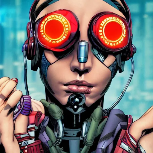 Prompt: A comic book cover of a female cyberpunk mercenary wearing cybernetic sci fi head gear and earpiece in the style of DC Comics, highly detailed, oil on canvas