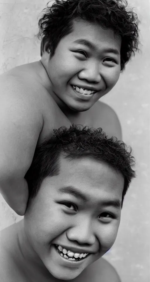 Prompt: close up photograph of a single fat filipino teenage boy smiling with crooked teeth, with a curly perm, and with small studded earings, 4 k, photorealistic, high detail by richard avedon