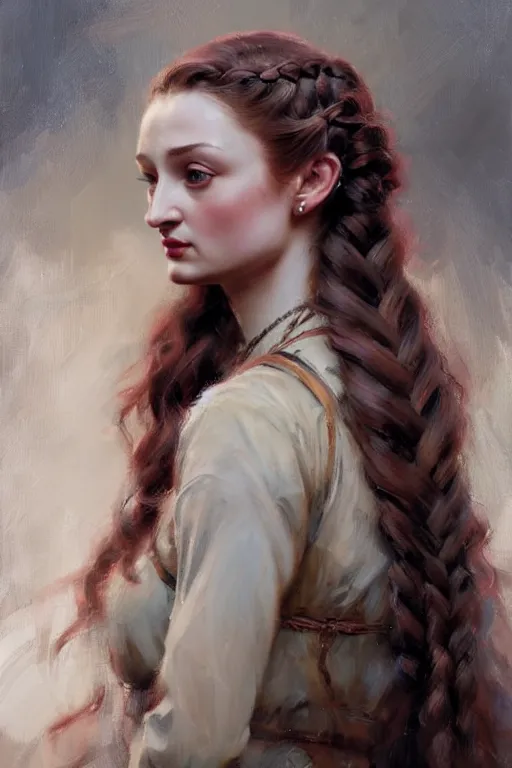 Prompt: sansa portrait in profile with a complex hairstyle with lots of braids and curls, painting by daniel gerhartz, alphonse murac, detailed art, artstation