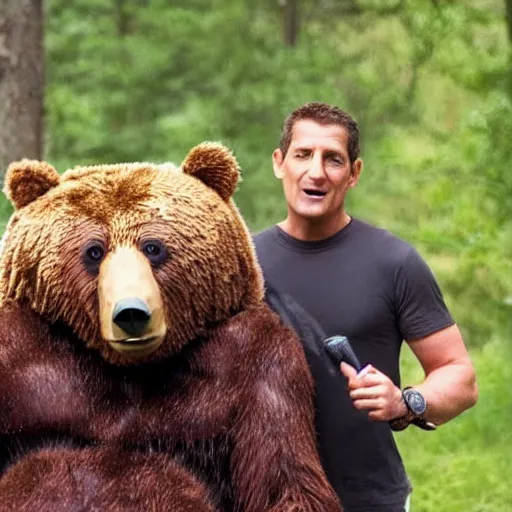 Prompt: film still of bear grylls dressed as a bear at a bbq grill party