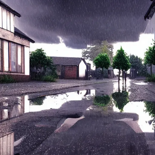 Image similar to still photo of rain puddles and reflections in a village, cloudy weather, highly detailed, photorealistic shot, bright studio setting, studio lighting, crisp quality and light reflections, unreal engine 5 quality render