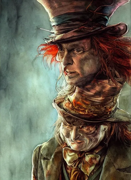 Image similar to portrait, The Mad Hatter, watercolor, dramatic lighting, cinematic, establishing shot, extremly high detail, foto realistic, cinematic lighting, pen and ink, intricate line drawings, by Yoshitaka Amano, Ruan Jia, Kentaro Miura, Artgerm, post processed, concept art, artstation, matte painting, style by eddie mendoza, raphael lacoste, alex ross