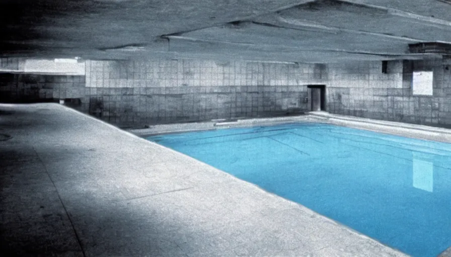 Image similar to 1 9 6 0 s movie still of empty blue tiles swimmingpool, low quality, liminal space style
