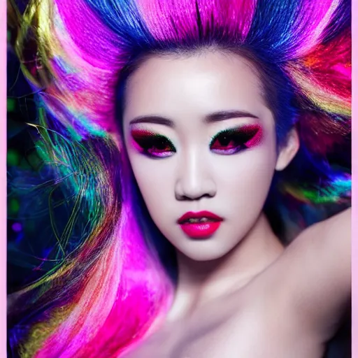 Image similar to japanese model with maximalist hair style and makeup, bright colors, fashion model, portrait shot, glitter, depth of field, 8 k, hyper detailed, intricate, trending on artstation