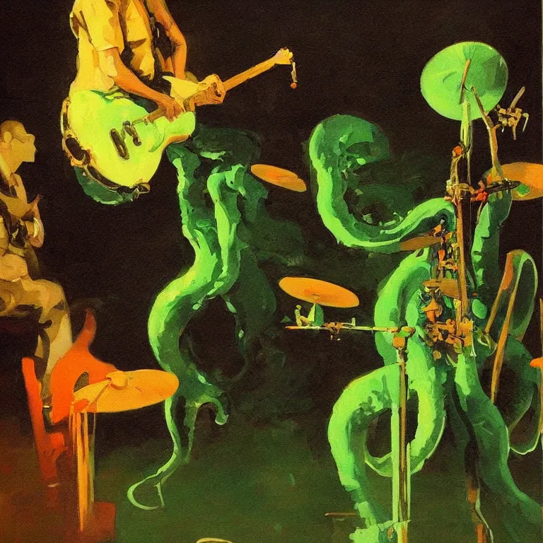 Prompt: a beautiful painting by mead schaeffer of an octopus playing drums and telecaster guitar in a rock concert, dark background, green concert light, dark mood