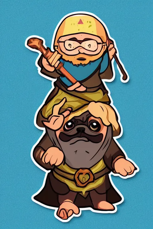 Image similar to Pug that is a wizard casting a spell , wizard, medieval, sticker, colorful, casting epic spell, magic the gathering artwork, D&D, fantasy, artstation, heroic pose, illustration, highly detailed, simple, smooth and clean vector curves, no jagged lines, vector art, smooth